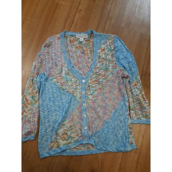 st john Sweaters - St John Sport Cardigan Button Up Open Knit Blue Pink Womens Size Petite Small